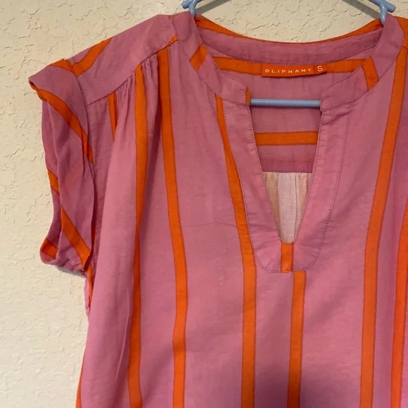 Playful Oliphant Roll Sleeve mini dress in Pink and Orange Stripes, 100% cotton - Picture 3 of 8